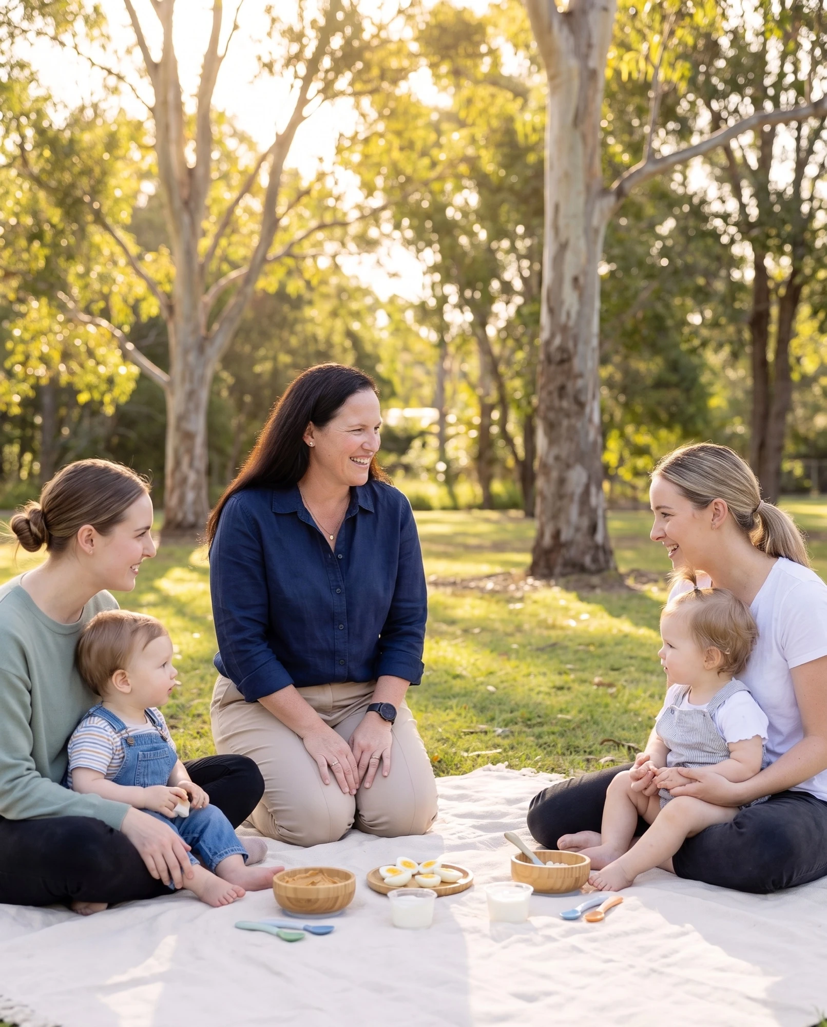 Dr O’Reilly kneeling on a picnic rug with two mothers and their toddlers