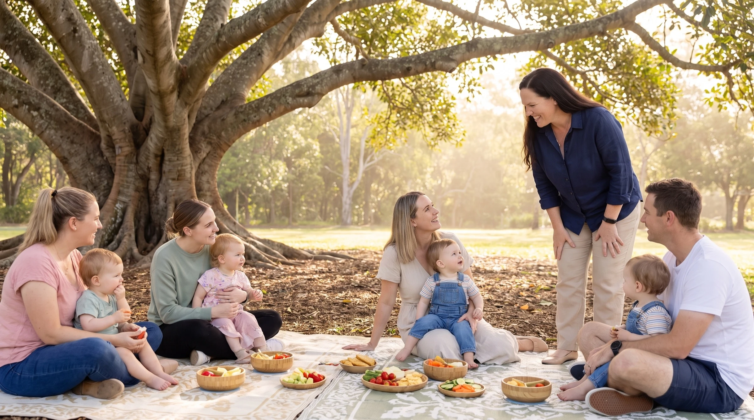 Families with toddlers on picnic rugs under a fig tree, Dr O’Reilly greeting them